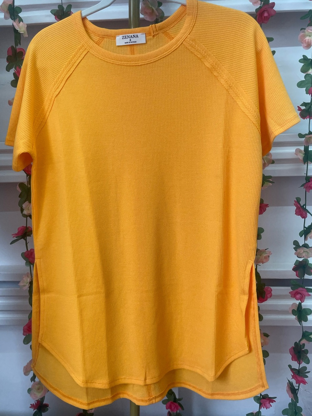 Zenana- Waffle Knit Short Sleeve Tee- Yellow Gold - Picture 2 of 3